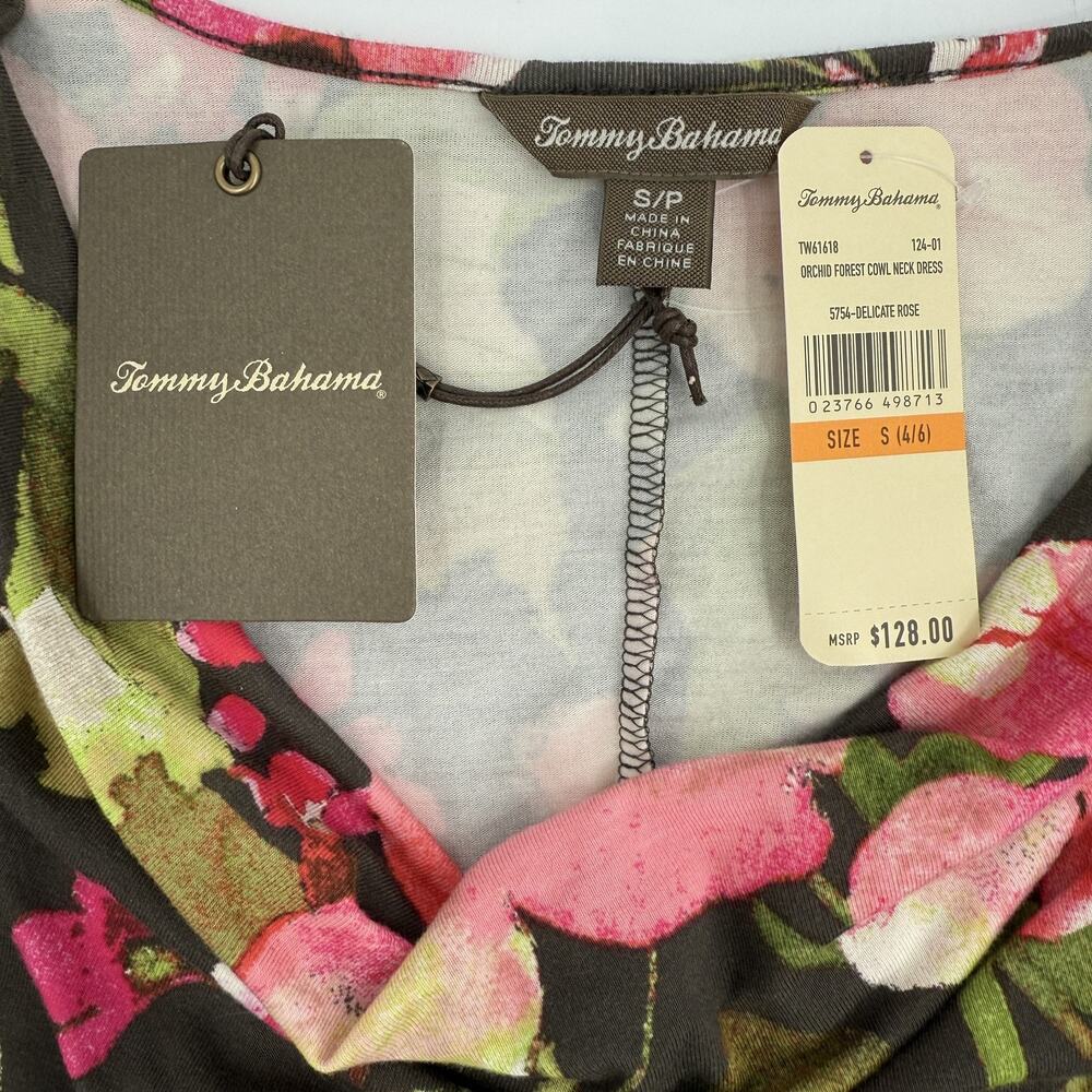 Tommy Bahama Dress Womens Small Black Pink Floral Orchid Forest Cowl Neck Tank - Picture 2 of 7